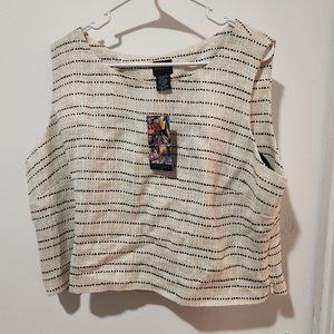 NEW Spiegel Ivory Linen Sleeveless Basketweave Crop Top with Metallic Threading